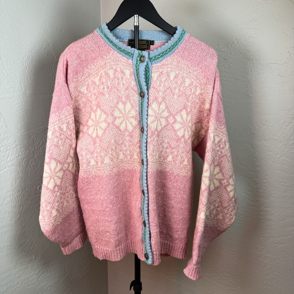Eddie Bauer Sweaters - Vintage 80’s Eddie Bauer Wool Pink Fair Isle Cardigan Made in USA Size S
